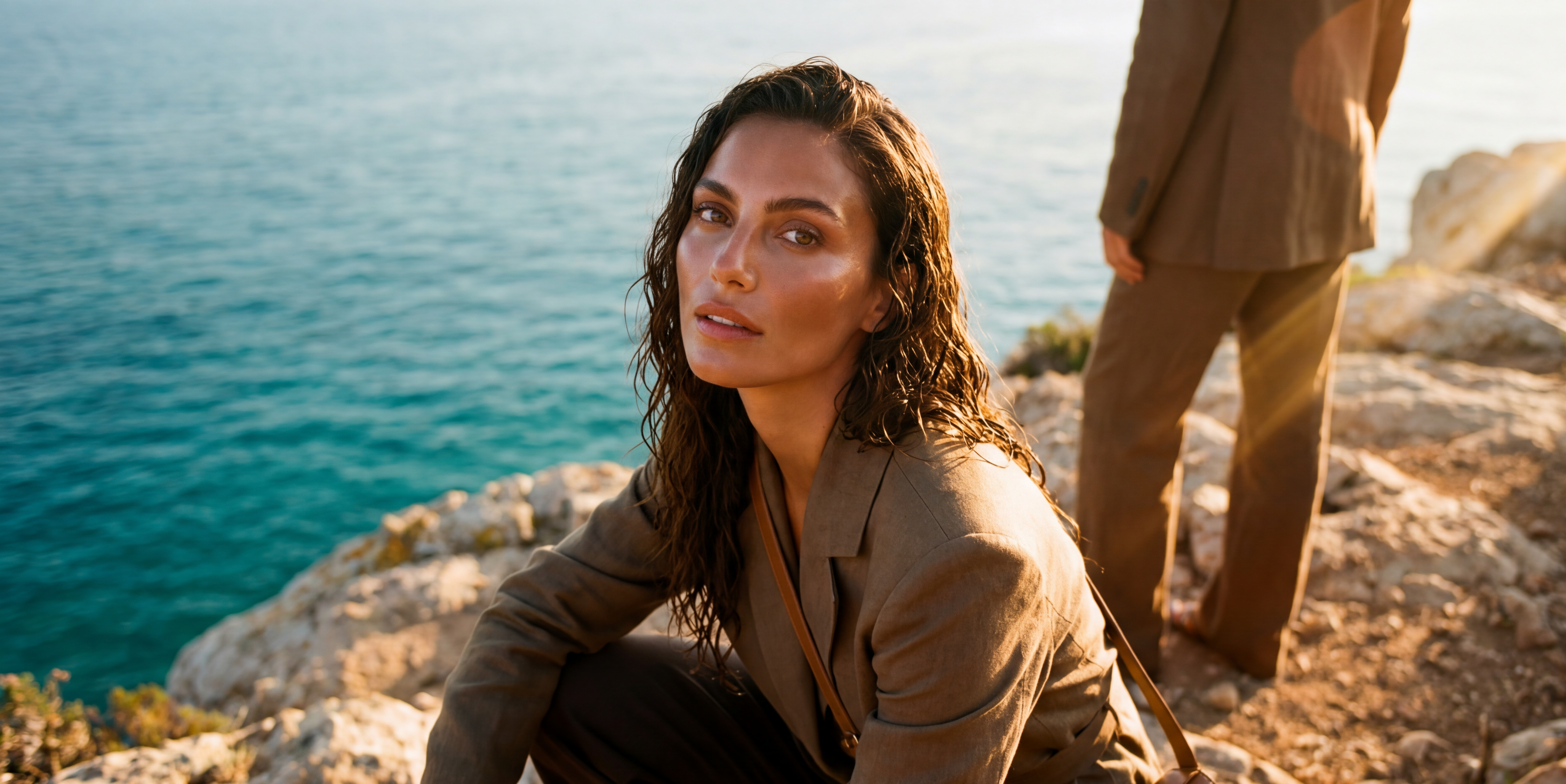 Woman sitting on a rocky cliff overlooking the ocean with a man standing behind her.